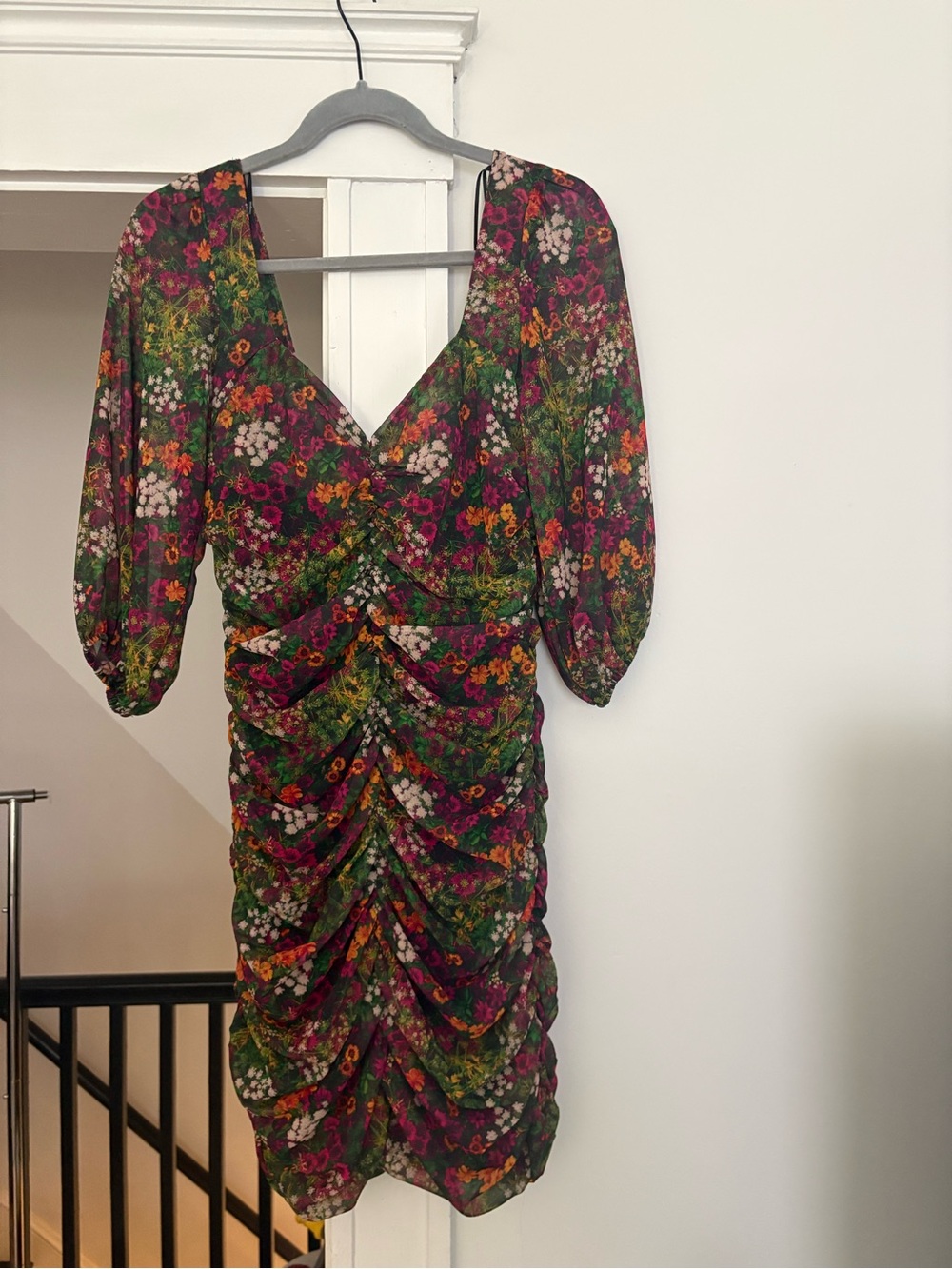 Desigual Floral Ruched V-Neck Midi Dress in Green, Pink, Orange, White, Purple
